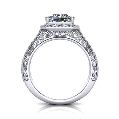 Juliana princess-cut vintage halo engagement ring in 14K White Gold, through-finger front profile showing the engraved scrollwork gallery and shoulders