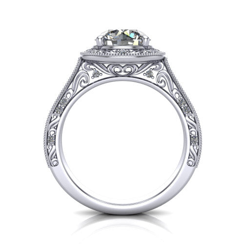 Juliana round vintage halo engagement ring in 14K White Gold, through-finger front profile showing the engraved scrollwork gallery and shoulders