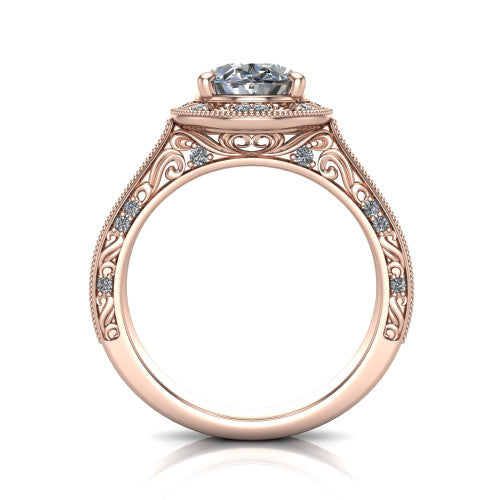 Juliana oval vintage halo engagement ring in 18K Rose Gold, through-finger front profile showing the engraved scrollwork gallery and shoulders
