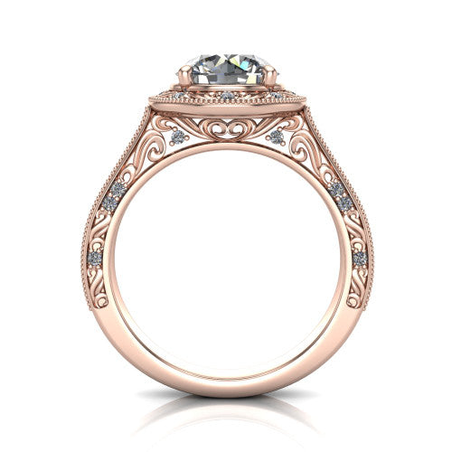 Juliana round vintage halo engagement ring in 14K Rose Gold, through-finger front profile showing the engraved scrollwork gallery and shoulders