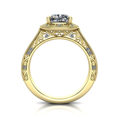 Juliana cushion-cut vintage halo engagement ring in 14K Yellow Gold, through-finger front profile showing the engraved scrollwork gallery and shoulders