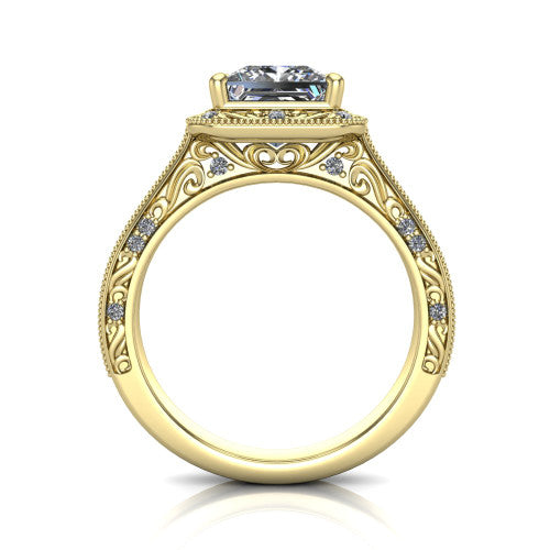 Juliana princess-cut vintage halo engagement ring in 14K Yellow Gold, through-finger front profile showing the engraved scrollwork gallery and shoulders