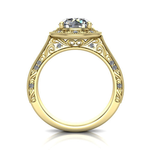 Juliana round vintage halo engagement ring in 18K Yellow Gold, through-finger front profile showing the engraved scrollwork gallery and shoulders