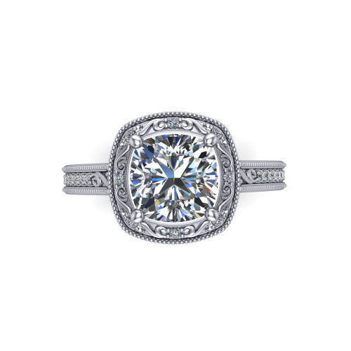Juliana cushion-cut vintage halo engagement ring in 18K White Gold, top-down view showing the cushion-cut center diamond framed by the milgrain halo