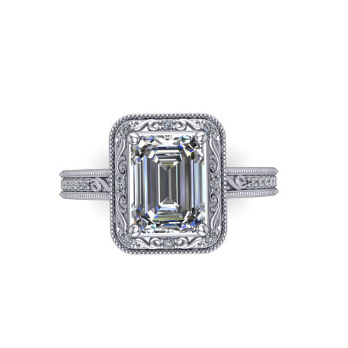 Juliana emerald-cut vintage halo engagement ring in Platinum, top-down view showing the emerald-cut center diamond framed by the milgrain halo