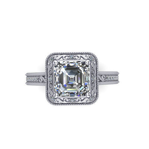 Juliana square emerald-cut vintage halo engagement ring in Platinum, top-down view showing the square emerald-cut center diamond framed by the milgrain halo