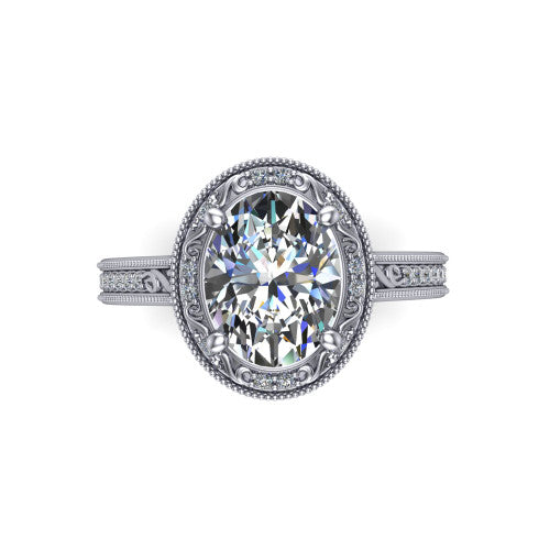 Juliana oval vintage halo engagement ring in Platinum, top-down view showing the oval center diamond framed by the milgrain halo