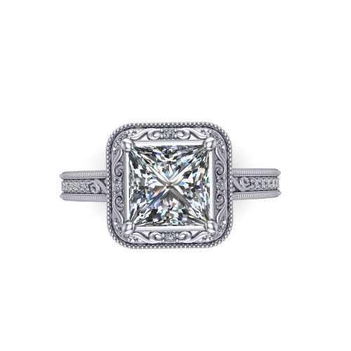 Juliana princess-cut vintage halo engagement ring in Platinum, top-down view showing the princess-cut center diamond framed by the milgrain halo
