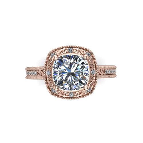 Juliana cushion-cut vintage halo engagement ring in 14K Rose Gold, top-down view showing the cushion-cut center diamond framed by the milgrain halo