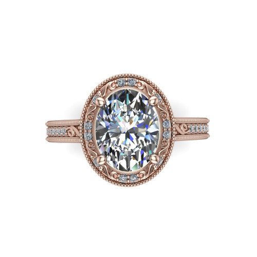 Juliana oval vintage halo engagement ring in 14K Rose Gold, top-down view showing the oval center diamond framed by the milgrain halo