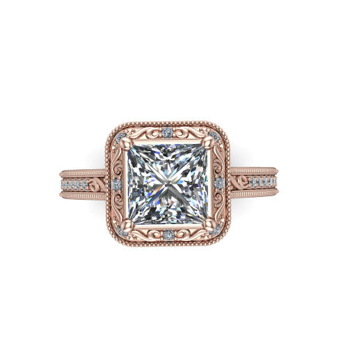 Juliana princess-cut vintage halo engagement ring in 14K Rose Gold, top-down view showing the princess-cut center diamond framed by the milgrain halo