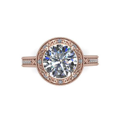 Juliana round vintage halo engagement ring in 14K Rose Gold, top-down view showing the round center diamond framed by the milgrain halo