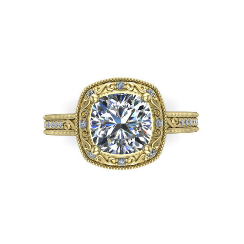 Juliana cushion-cut vintage halo engagement ring in 18K Yellow Gold, top-down view showing the cushion-cut center diamond framed by the milgrain halo