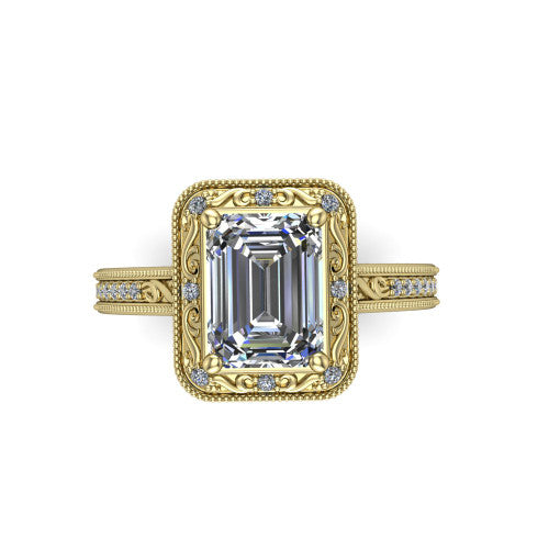 Juliana emerald-cut vintage halo engagement ring in 18K Yellow Gold, top-down view showing the emerald-cut center diamond framed by the milgrain halo
