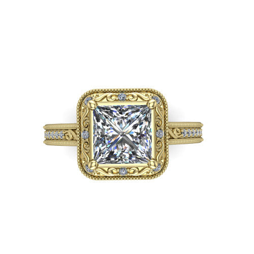 Juliana princess-cut vintage halo engagement ring in 18K Yellow Gold, top-down view showing the princess-cut center diamond framed by the milgrain halo