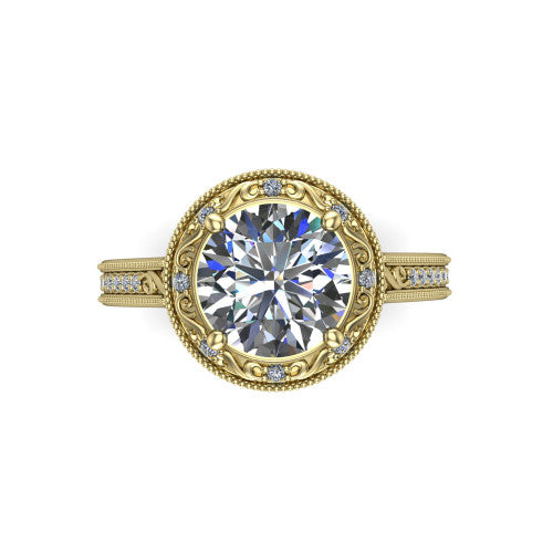 Juliana round vintage halo engagement ring in 18K Yellow Gold, top-down view showing the round center diamond framed by the milgrain halo
