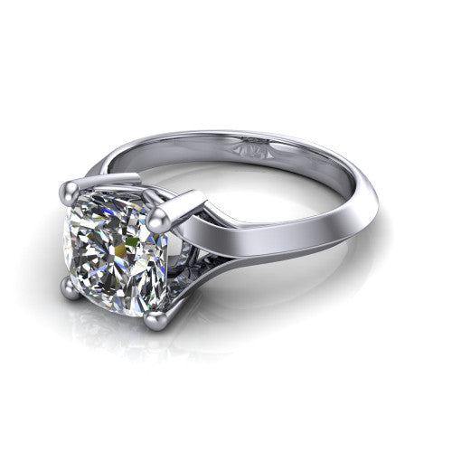 Joanna cushion solitaire engagement ring in 18K White Gold, three-quarter perspective showing the cushion center diamond on a cathedral shank