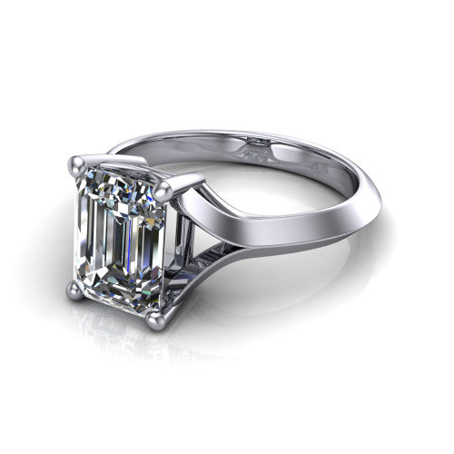 Joanna emerald solitaire engagement ring in 18K White Gold, three-quarter perspective showing the emerald center diamond on a cathedral shank