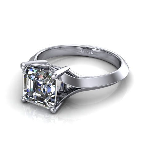 Joanna square emerald solitaire engagement ring in 18K White Gold, three-quarter perspective showing the square emerald center diamond on a cathedral shank