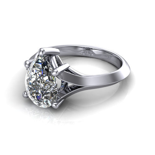 Joanna pear solitaire engagement ring in 18K White Gold, three-quarter perspective showing the pear center diamond on a cathedral shank