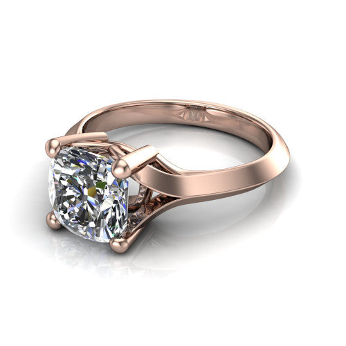 Joanna cushion solitaire engagement ring in 14K Rose Gold, three-quarter perspective showing the cushion center diamond on a cathedral shank