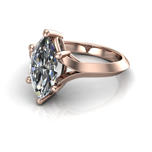 Joanna marquise solitaire engagement ring in 18K Rose Gold, three-quarter perspective showing the marquise center diamond on a cathedral shank