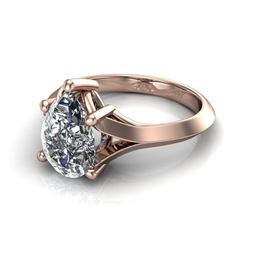 Joanna pear solitaire engagement ring in 14K Rose Gold, three-quarter perspective showing the pear center diamond on a cathedral shank