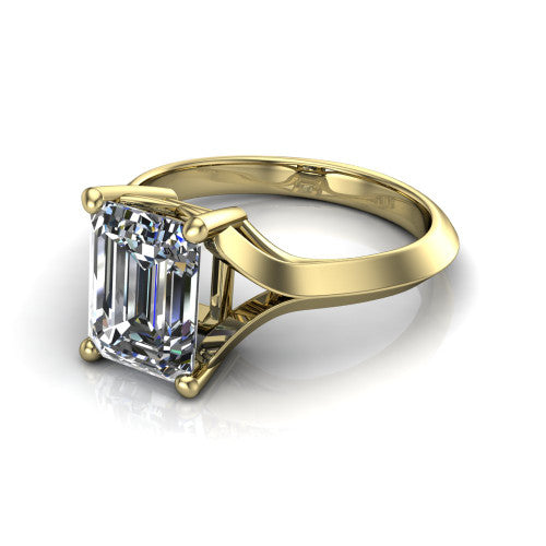 Joanna emerald solitaire engagement ring in 14K Yellow Gold, three-quarter perspective showing the emerald center diamond on a cathedral shank