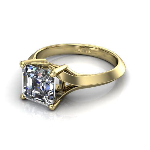 Joanna square emerald solitaire engagement ring in 14K Yellow Gold, three-quarter perspective showing the square emerald center diamond on a cathedral shank