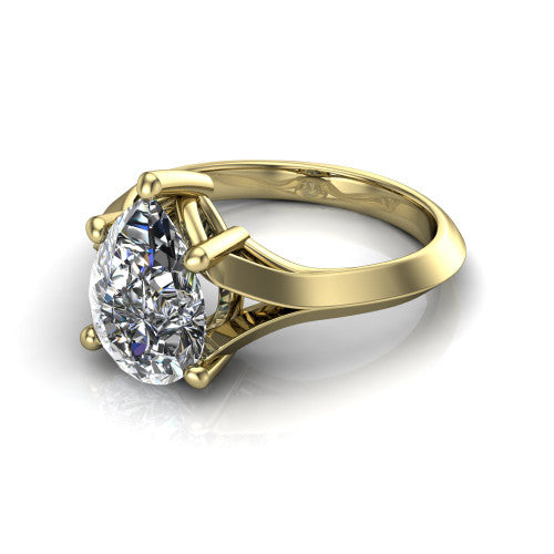 Joanna pear solitaire engagement ring in 18K Yellow Gold, three-quarter perspective showing the pear center diamond on a cathedral shank