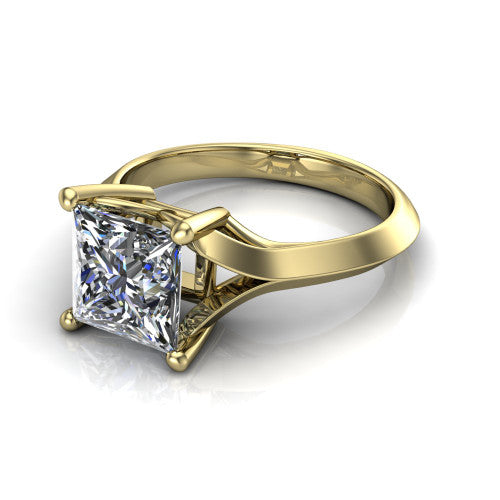 Joanna princess solitaire engagement ring in 14K Yellow Gold, three-quarter perspective showing the princess center diamond on a cathedral shank