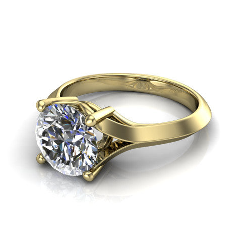 Joanna round solitaire engagement ring in 18K Yellow Gold, three-quarter perspective showing the round center diamond on a cathedral shank