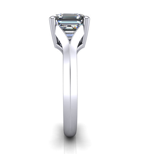 Joanna square emerald solitaire engagement ring in Platinum, side profile showing the cathedral shank and polished band