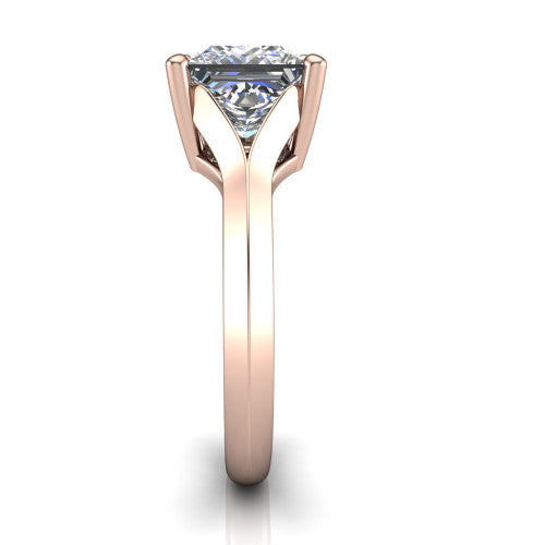 Joanna princess solitaire engagement ring in 18K Rose Gold, side profile showing the cathedral shank and polished band