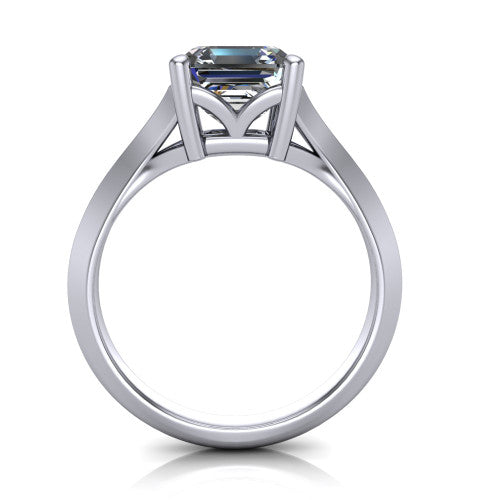 Joanna square emerald solitaire engagement ring in Platinum, through-finger front profile showing the open split basket