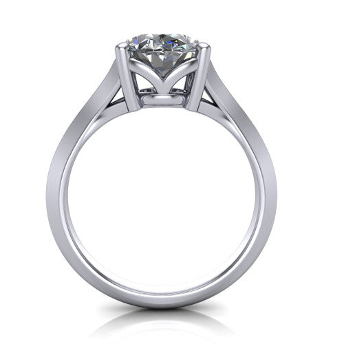 Joanna oval solitaire engagement ring in 18K White Gold, through-finger front profile showing the open split basket