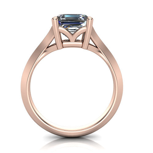 Joanna square emerald solitaire engagement ring in 14K Rose Gold, through-finger front profile showing the open split basket