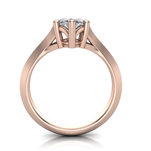 Joanna marquise solitaire engagement ring in 18K Rose Gold, through-finger front profile showing the open split basket