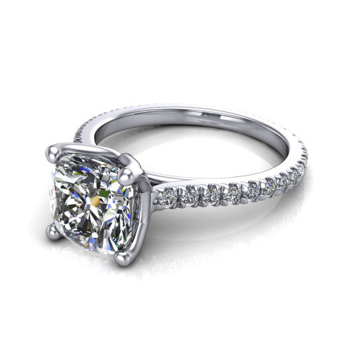 Honora cushion-cut solitaire engagement ring in 14K White Gold, three-quarter perspective showing the cushion-cut center diamond, double-claw prongs, and pavé band