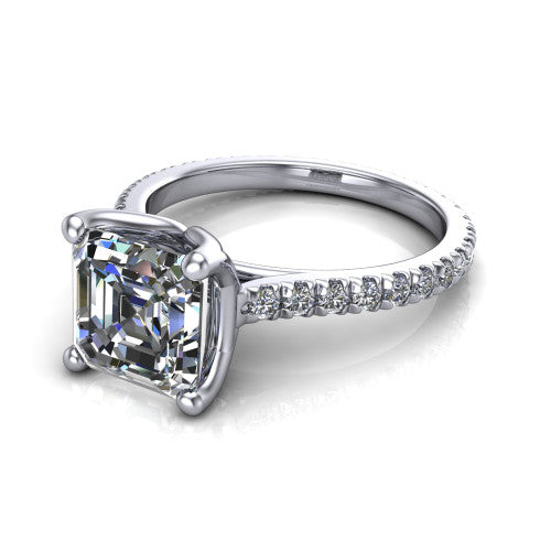 Honora square emerald-cut solitaire engagement ring in 18K White Gold, three-quarter perspective showing the square emerald-cut center diamond, double-claw prongs, and pavé band
