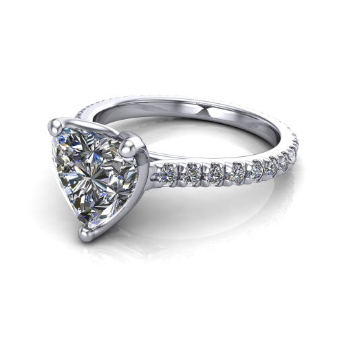 Honora heart-shaped solitaire engagement ring in 18K White Gold, three-quarter perspective showing the heart-shaped center diamond, double-claw prongs, and pavé band