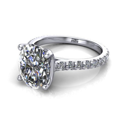 Honora oval solitaire engagement ring in 14K White Gold, three-quarter perspective showing the oval center diamond, double-claw prongs, and pavé band