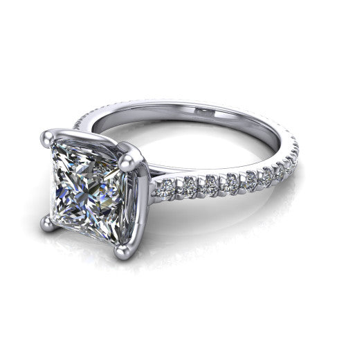 Honora princess-cut solitaire engagement ring in 14K White Gold, three-quarter perspective showing the princess-cut center diamond, double-claw prongs, and pavé band