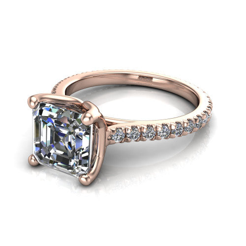 Honora square emerald-cut solitaire engagement ring in 18K Rose Gold, three-quarter perspective showing the square emerald-cut center diamond, double-claw prongs, and pavé band