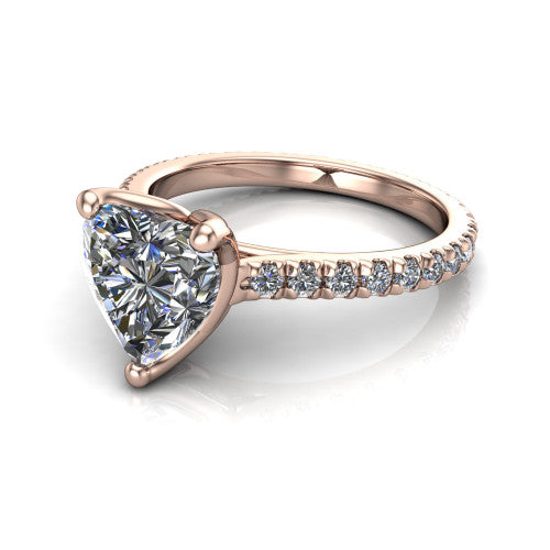 Honora heart-shaped solitaire engagement ring in 18K Rose Gold, three-quarter perspective showing the heart-shaped center diamond, double-claw prongs, and pavé band