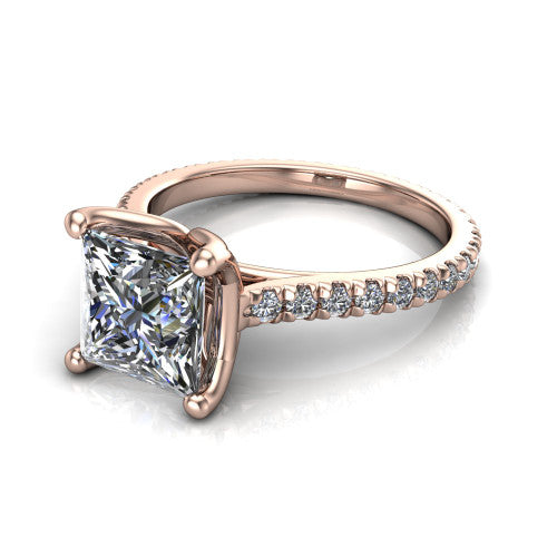 Honora princess-cut solitaire engagement ring in 14K Rose Gold, three-quarter perspective showing the princess-cut center diamond, double-claw prongs, and pavé band