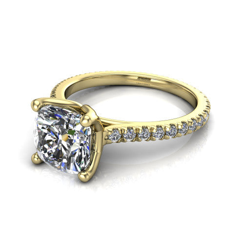 Honora cushion-cut solitaire engagement ring in 18K Yellow Gold, three-quarter perspective showing the cushion-cut center diamond, double-claw prongs, and pavé band