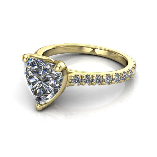Honora heart-shaped solitaire engagement ring in 14K Yellow Gold, three-quarter perspective showing the heart-shaped center diamond, double-claw prongs, and pavé band