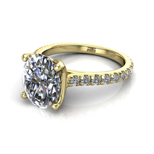 Honora oval solitaire engagement ring in 14K Yellow Gold, three-quarter perspective showing the oval center diamond, double-claw prongs, and pavé band