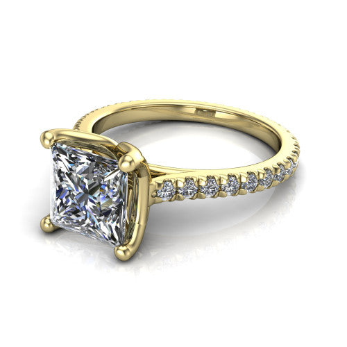 Honora princess-cut solitaire engagement ring in 14K Yellow Gold, three-quarter perspective showing the princess-cut center diamond, double-claw prongs, and pavé band